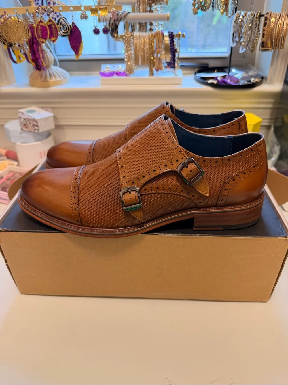 Men's Tan Double Monk Strap Oxfords with Perforated Leather